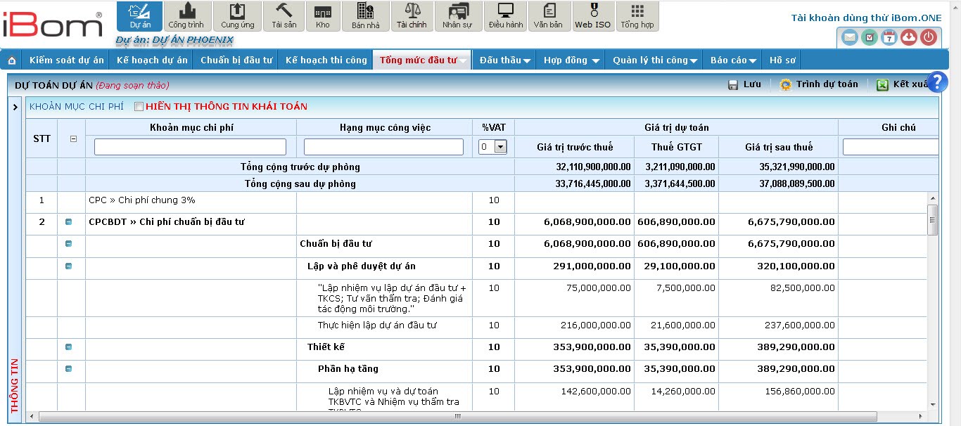Giao diện dự toán dự án trên phần mềm quản lý đầu tư iBom.IM