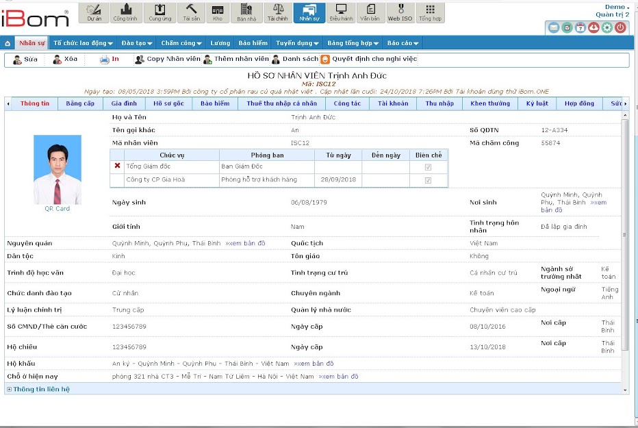 Giao diện quản lý thông tin nhân viên trên phân hệ Quản lý Nhân sự iBom.HR